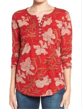 Lucky Brand Boho Henley Top Red Florsl 3/4 Sleeve Cotton Size S Peasant